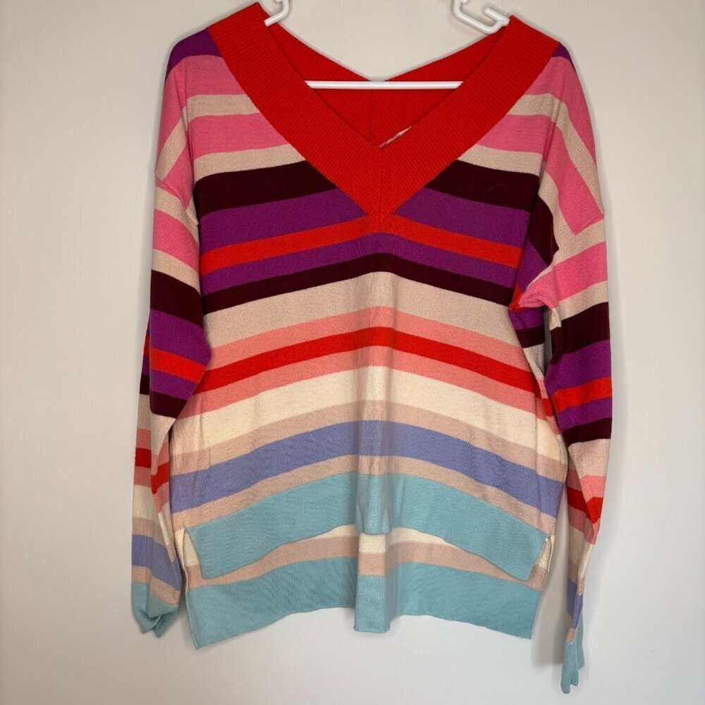 CAbi Sweet Tooth Pullover Double V-Neck Sweater Womens S Colorful Stripes Hi Lo